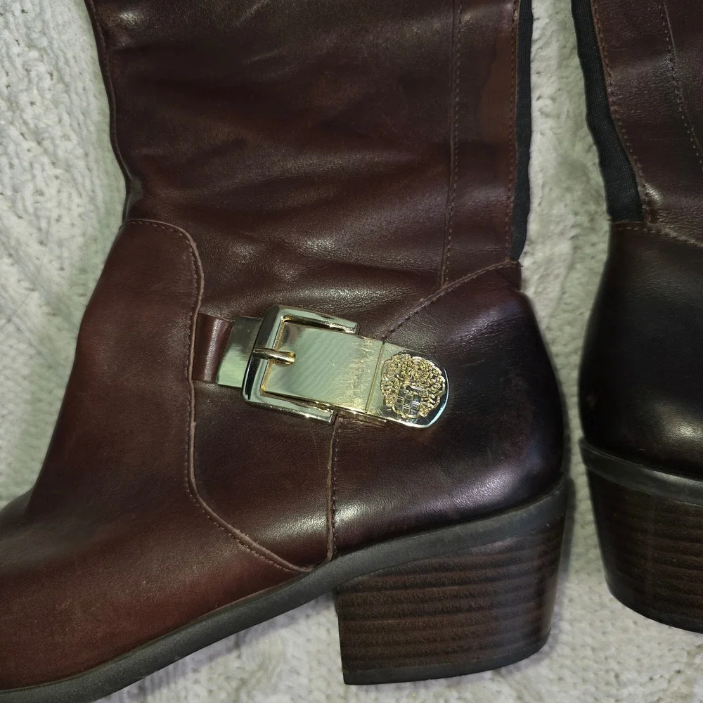 Vince‎ Camuto Over the Knee Leather Boots Cognac Brown Gold Buckle Womens 12 42